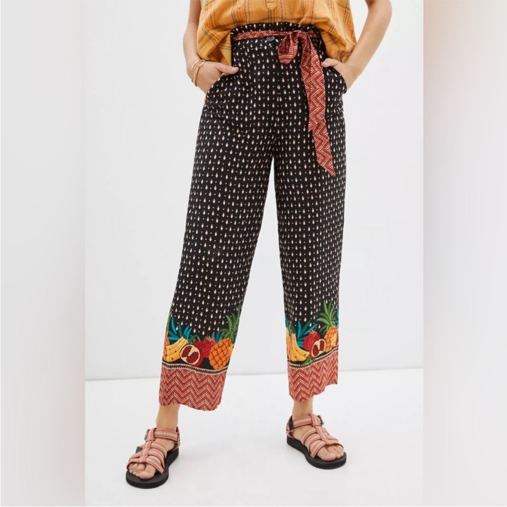 FARM RIO TUCKER PAPER-BAG PRINTED PANTS BLACK MOTIF XL - Picture 3 of 9